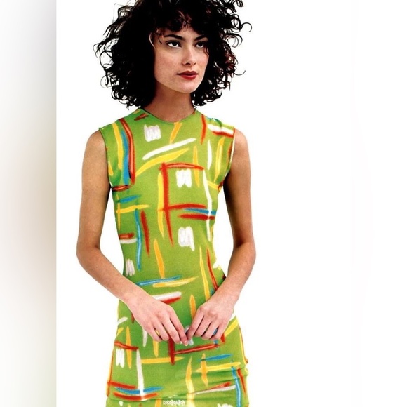 Vintage Versace 1996 Silk Jersey Abstract Print Lime Green Sleeveless Mini Dress - Picture 13 of 13